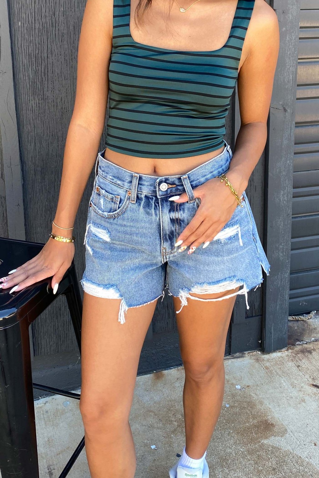 Olivine Denim Distress Shorts