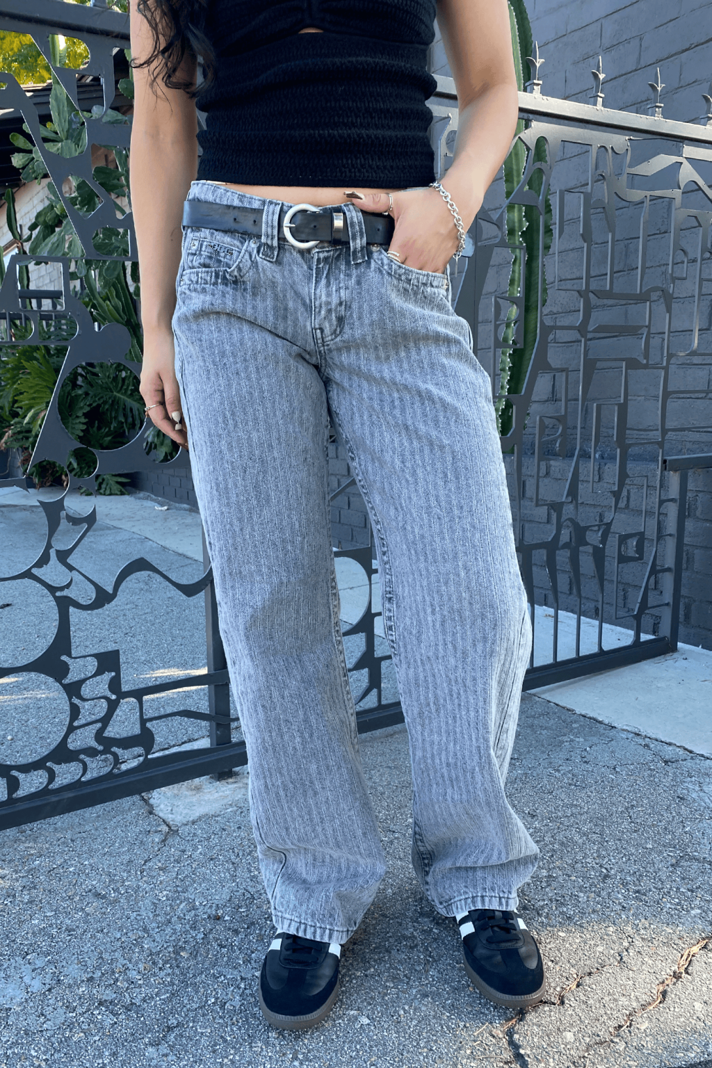 Trendy Grey Stripe Jeans Featuring Subtle Patterns and Versatile Style