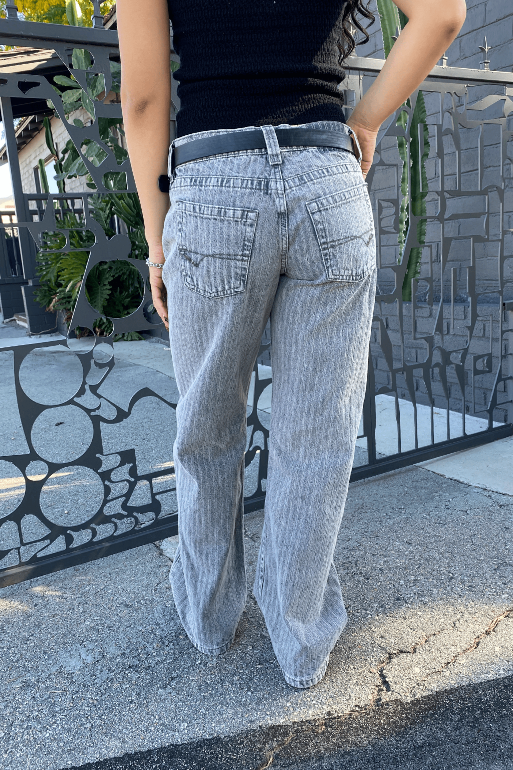 Trendy Grey Stripe Jeans Featuring Subtle Patterns and Versatile Style