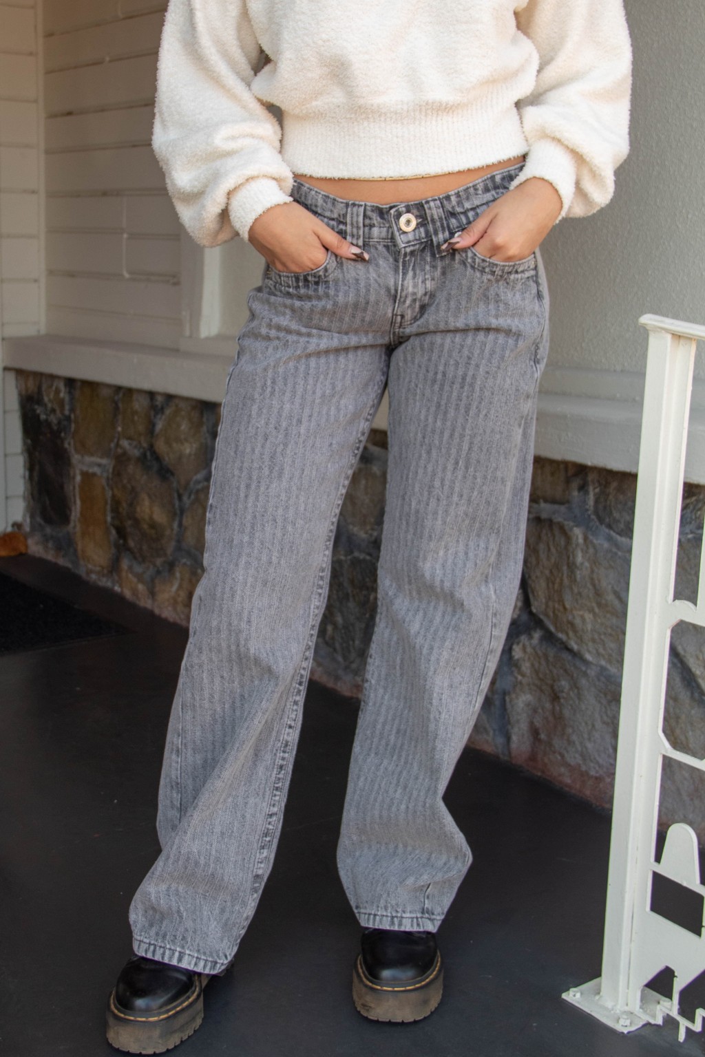 Trendy Grey Stripe Jeans Featuring Subtle Patterns and Versatile Style
