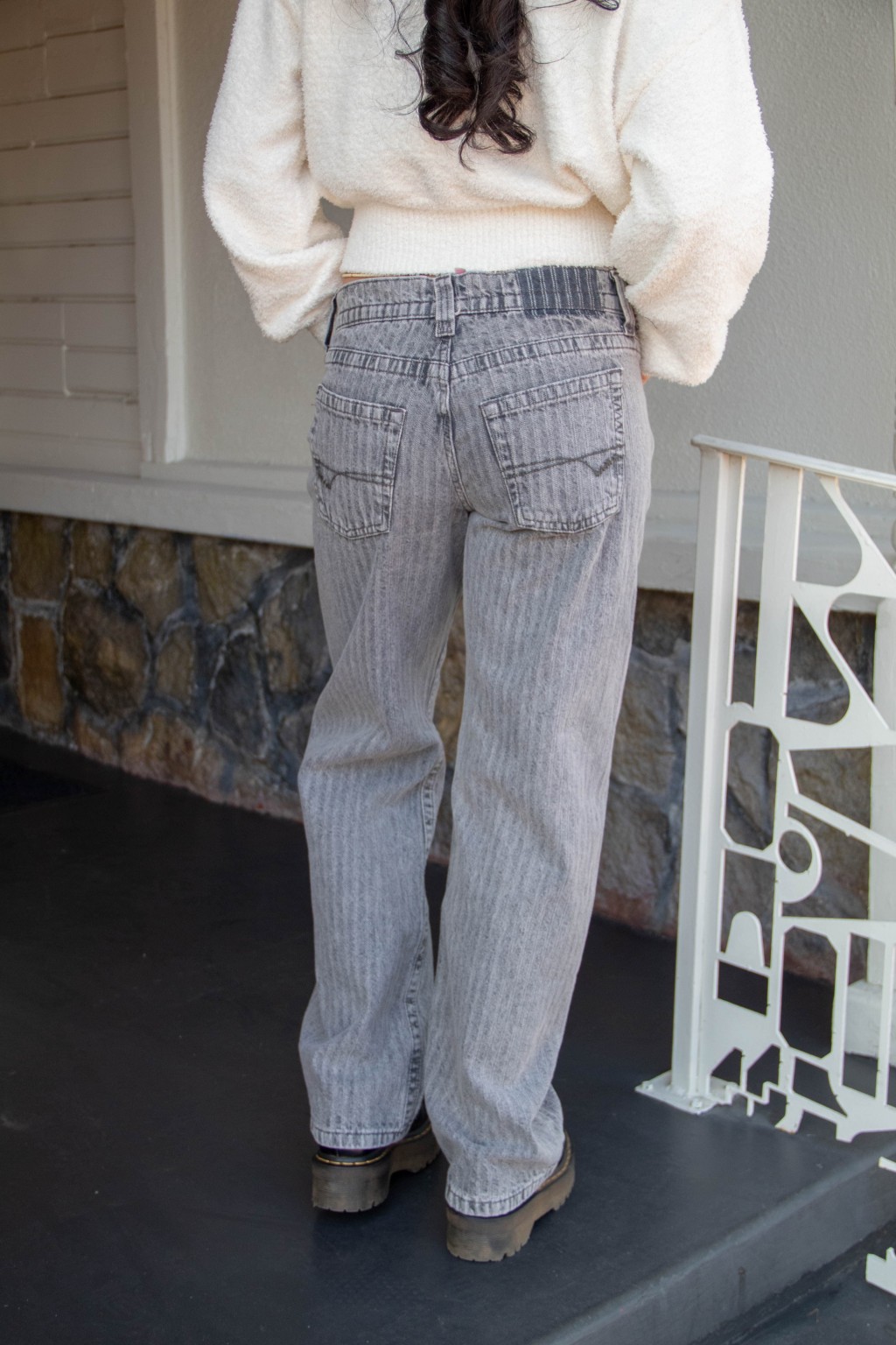 Trendy Grey Stripe Jeans Featuring Subtle Patterns and Versatile Style