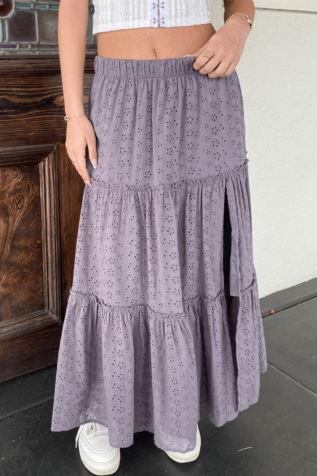 Chic Eyelet Maxi Skirt Featuring Intricate Patterns and Flowing Silhouette