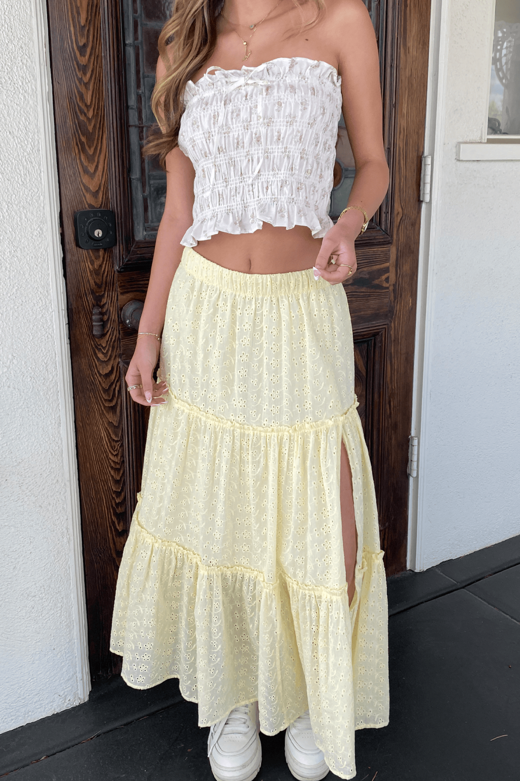 Chic Eyelet Maxi Skirt Featuring Intricate Patterns and Flowing Silhouette