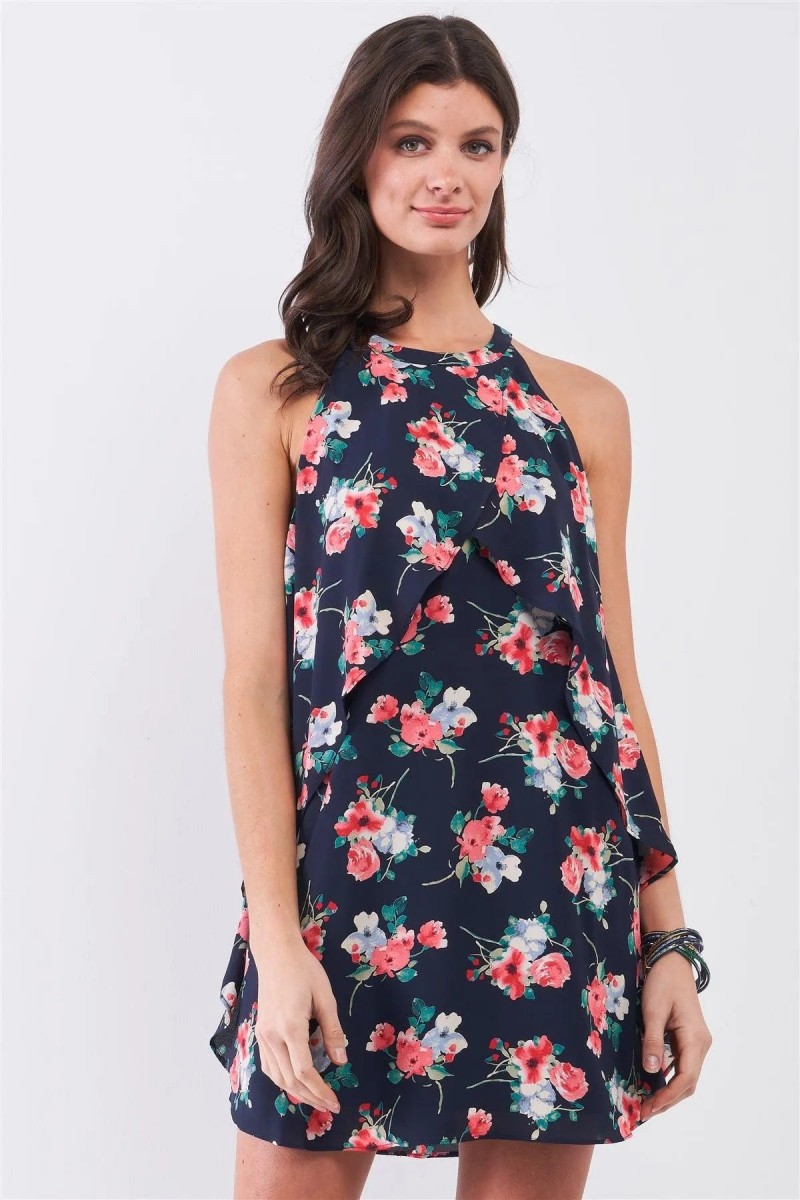 Navy Multi Floral Print Sleeveless High Neck Layered Front Detail Flounce Mini Dress