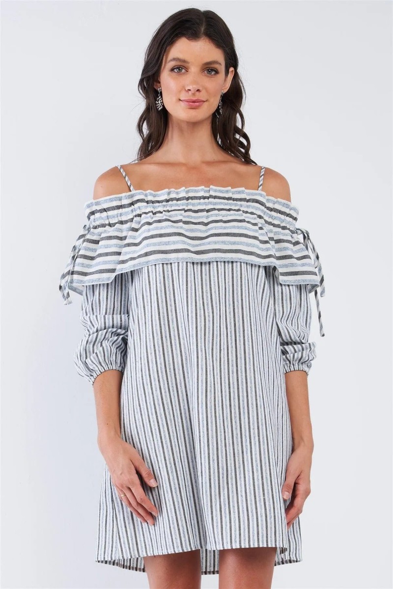 Striped Off-The-Shoulder Ruffle Hem Mini Dress